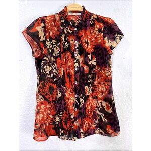 Gibson Floral Ruffle Blouse Womens Sz S Multicolor Sheer High Neck Romantic Boho